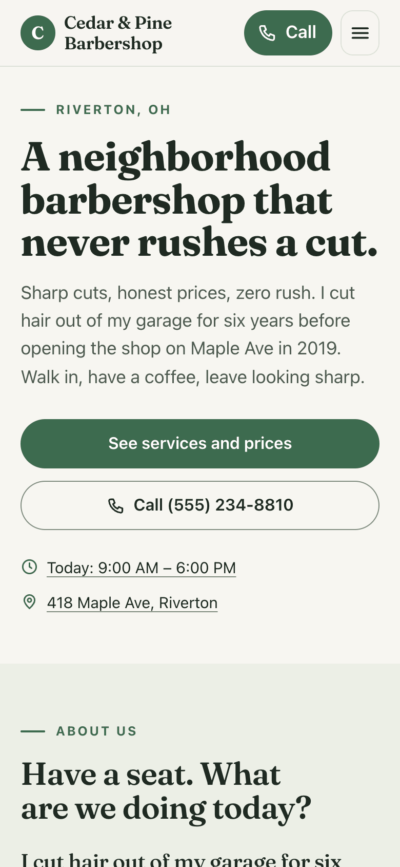 A Main Street website on a phone: Cedar and Pine Barbershop, with its headline, a button to see services and prices, and today’s hours
