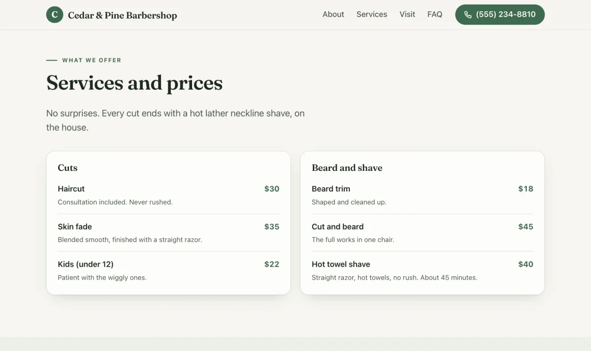 Services and prices on the Cedar and Pine demo site