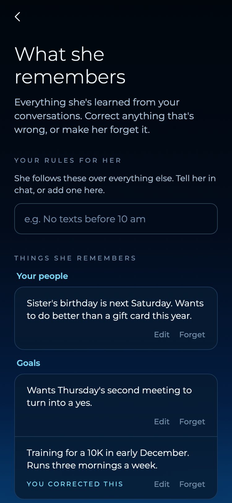 Nika's "What she remembers" screen: your rules for her, then memories in plain language, each with Edit and Forget, one marked "You corrected this"