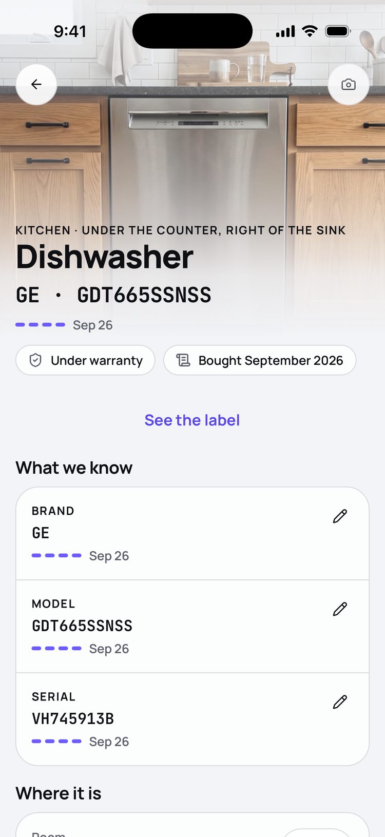Premisely on iPhone: a dishwasher's page with its GE model and serial numbers, each fully confirmed, plus its warranty and purchase date